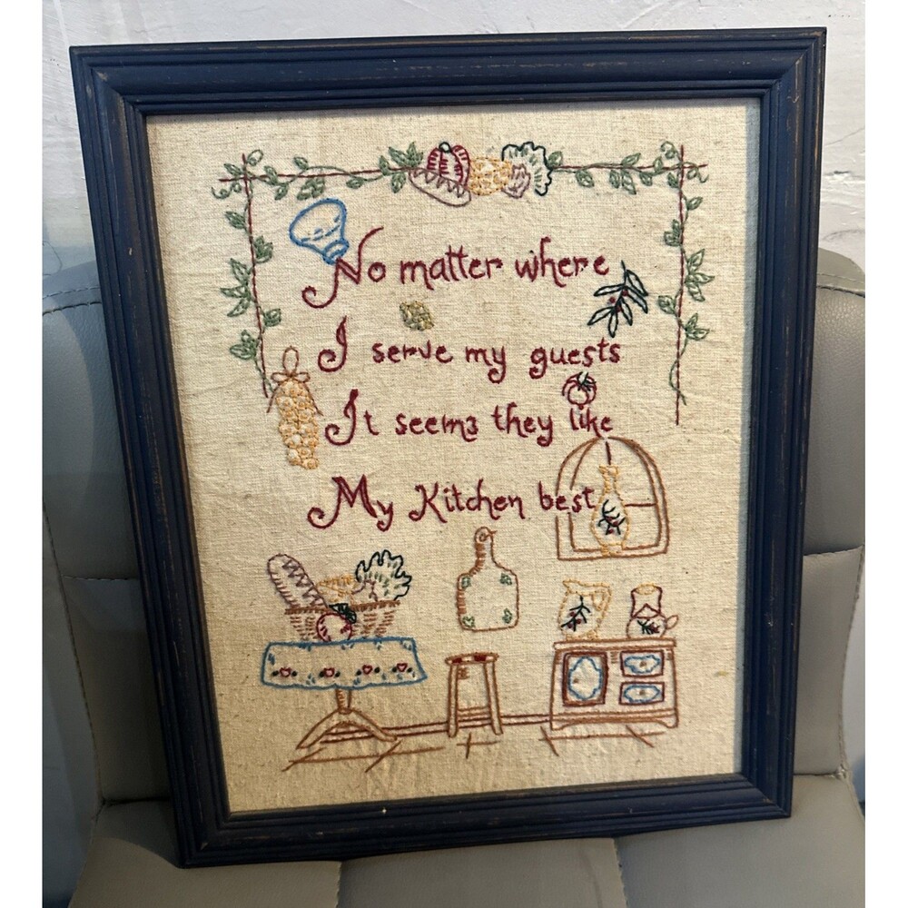 Vintage Needlepoint Wall Hanging For Kitchen 11.5” X 13.5” Distressed Navy Frame